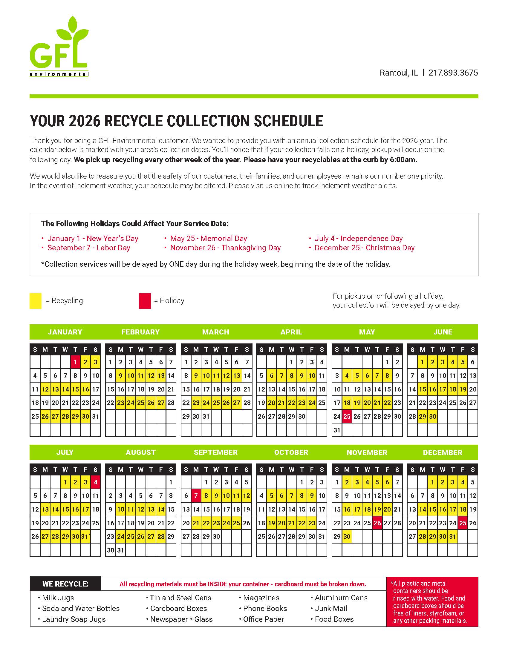 2026 Recycling Calendar
